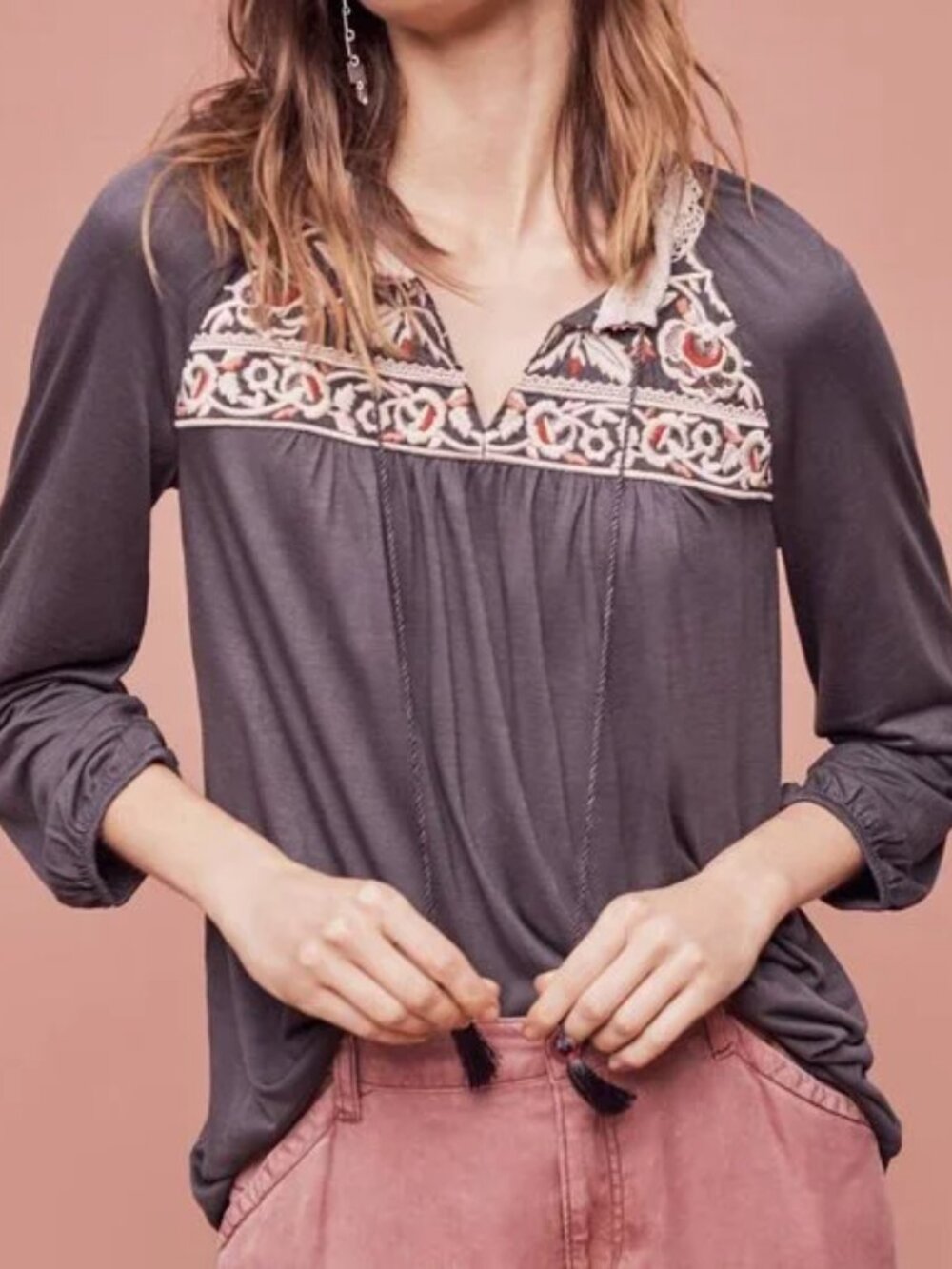 One September Anthropologie Gray Embroidered Nightingale Tassel Blouse | XS